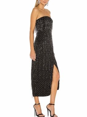 LPA Strapless Black Beaded Fringe Midi Dress with Side Slit